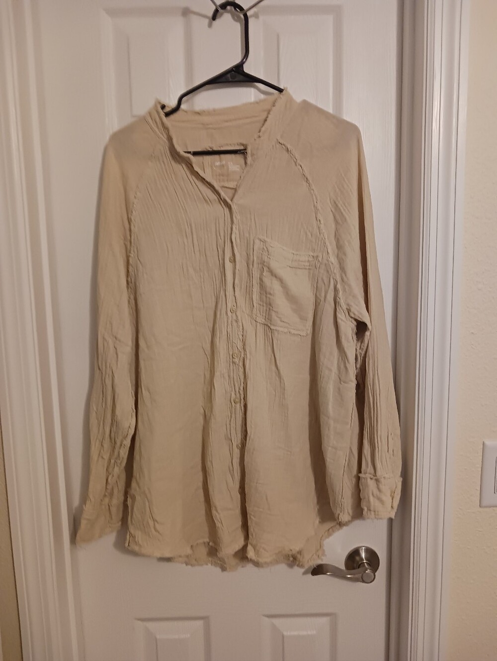 Aerie Gauze Shirt Bone Frayed Trim Oversized Button  Front Med